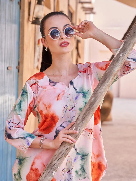 Orange Printed Rayon V neck Co ord set dresses for women