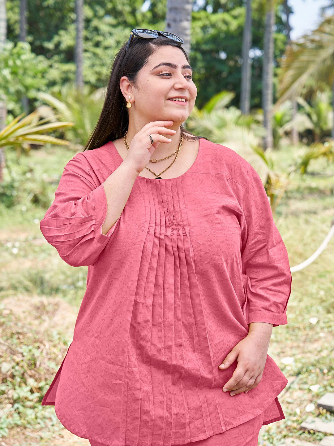 Pink Plus Size Pintuck Co ord Set for Women Online