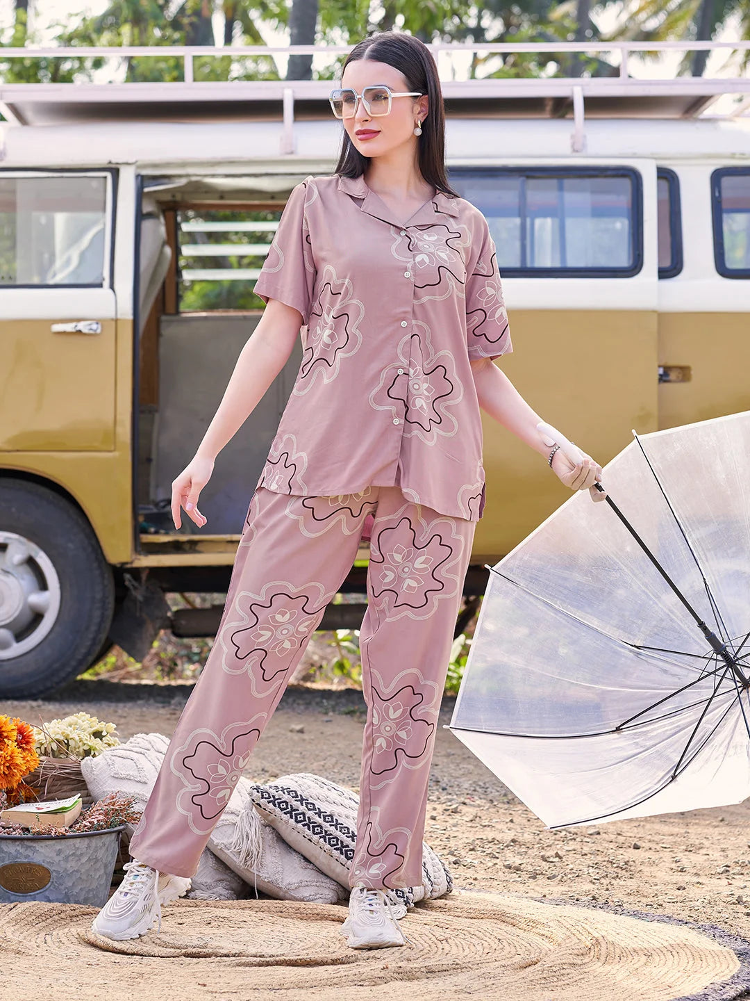 Pink printed co ord sets night suits
