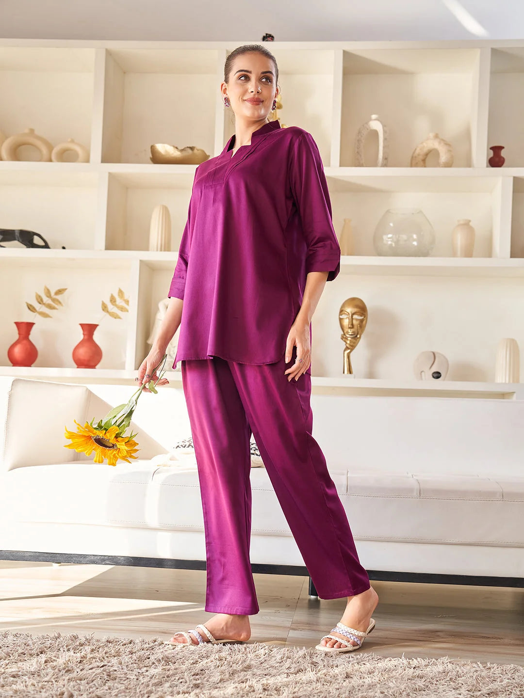 Plain Cotton Co Ord Sets in wine Complete Look Tittli