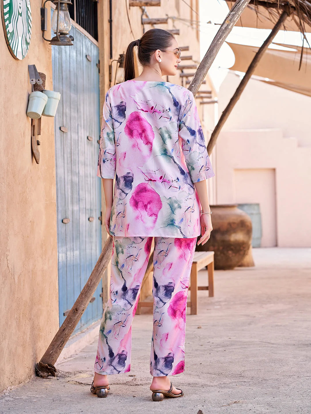 Rani Printed Rayon V neck Co ord set dresses for women back view