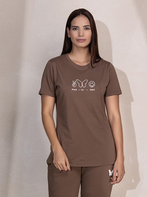 Typography Printed Cotton T-Shirt & Pajama Nightsuit | L to 8XL Size (D. Brown)