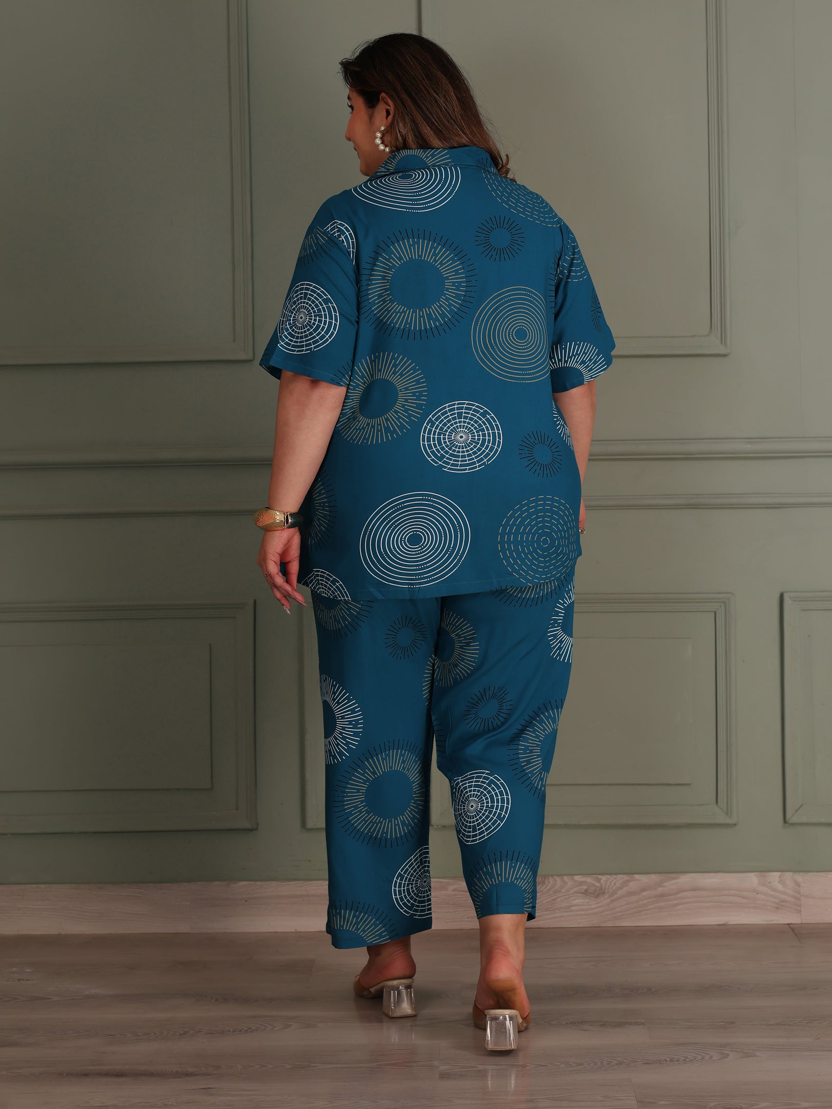 Plus Size Button-Down Shirt & Trouser Night Suit (Blue)