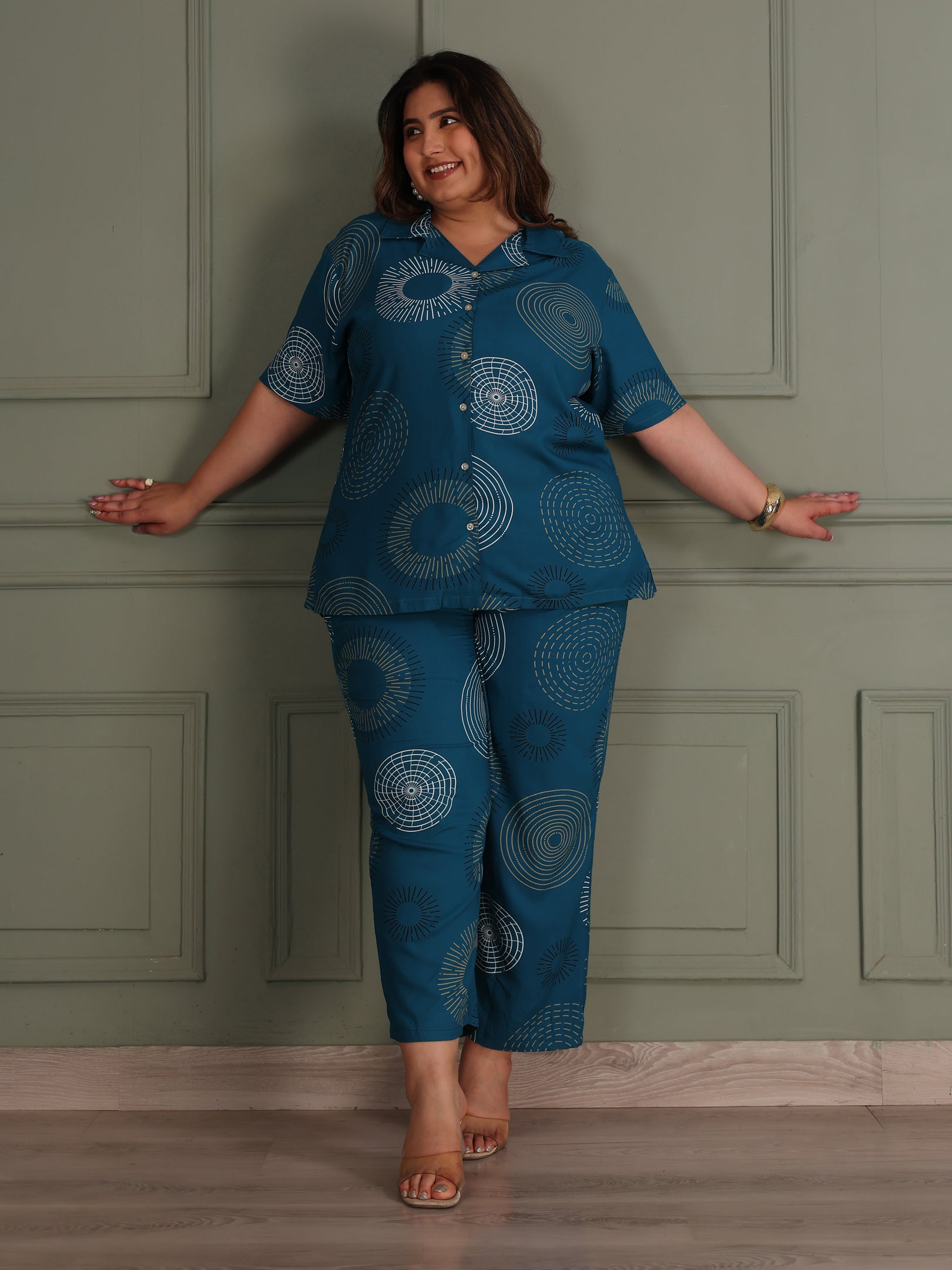 Plus Size Button-Down Shirt & Trouser Night Suit (Blue)