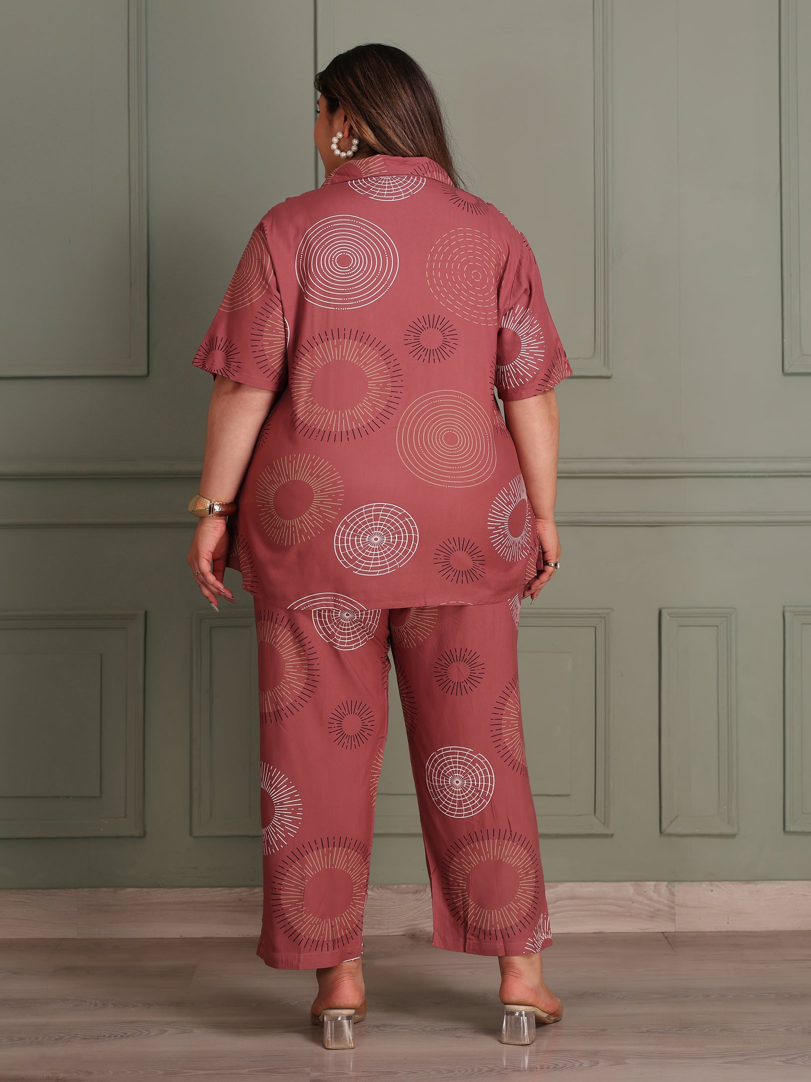 Plus Size Button-Down Shirt & Trouser Night Suit (Light Rust)