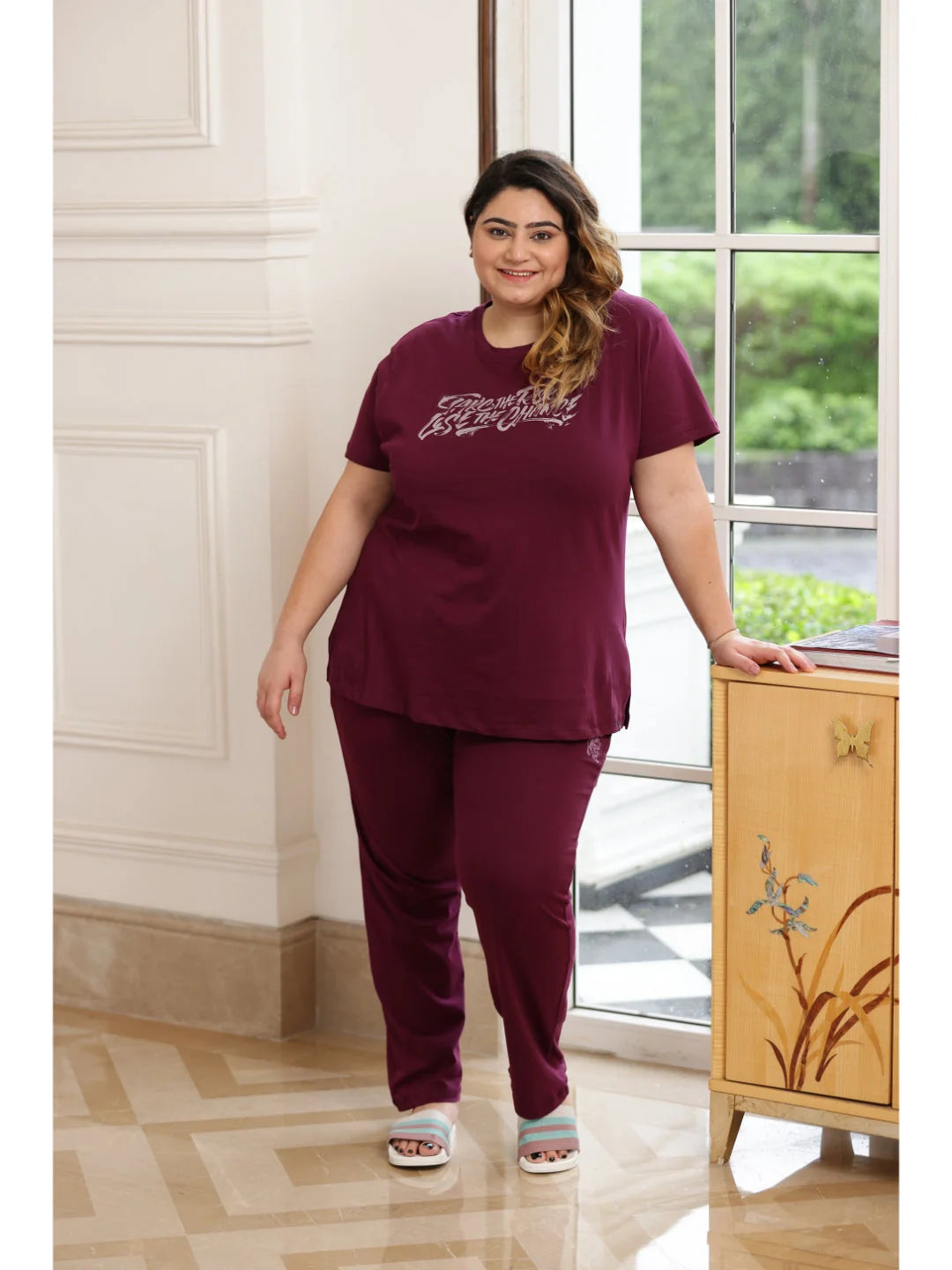 Wine plus size night suit for ladies