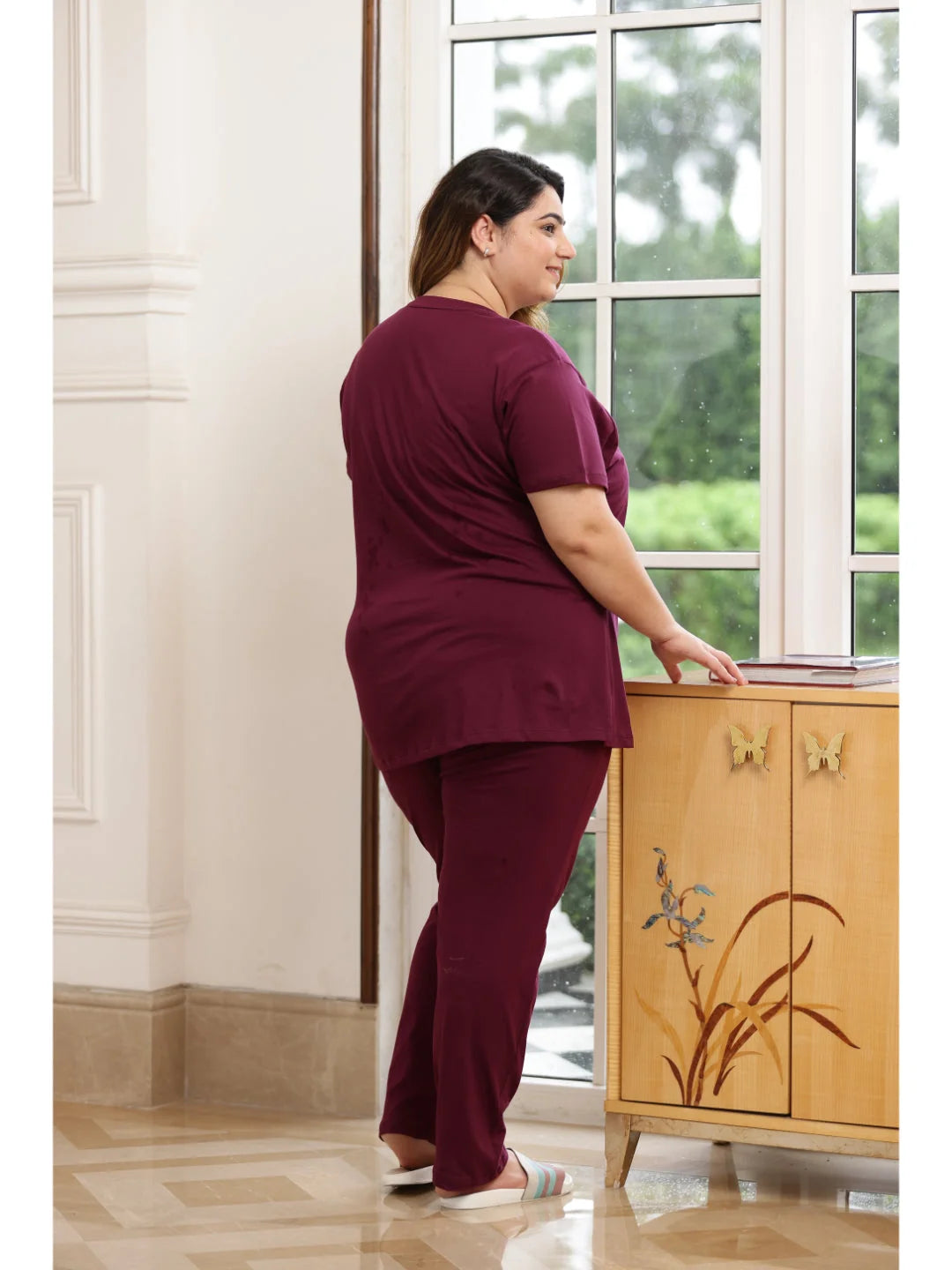 Wine plus size night suit for ladies back view