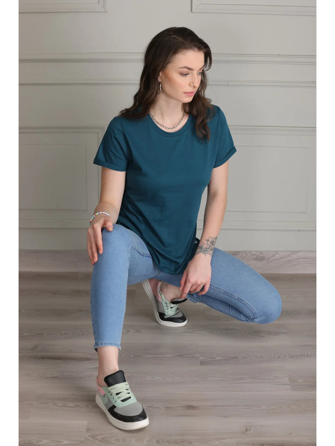 Airforce plain t shirts for women Sitting pose