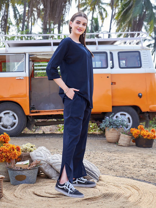 casual co ord set for women in Navy Blue playful pose