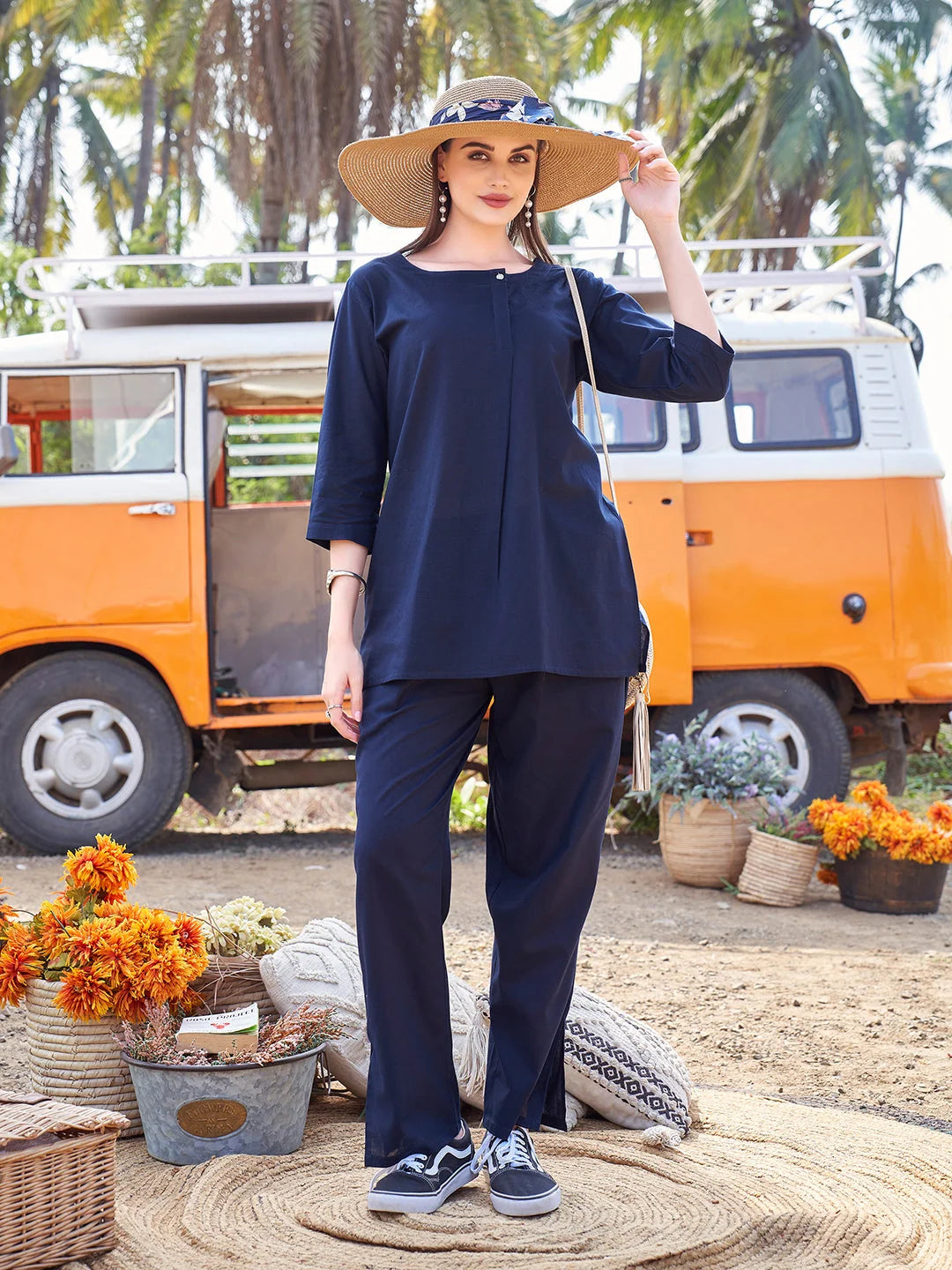 casual co ord set for women in Navy Blue playful pose