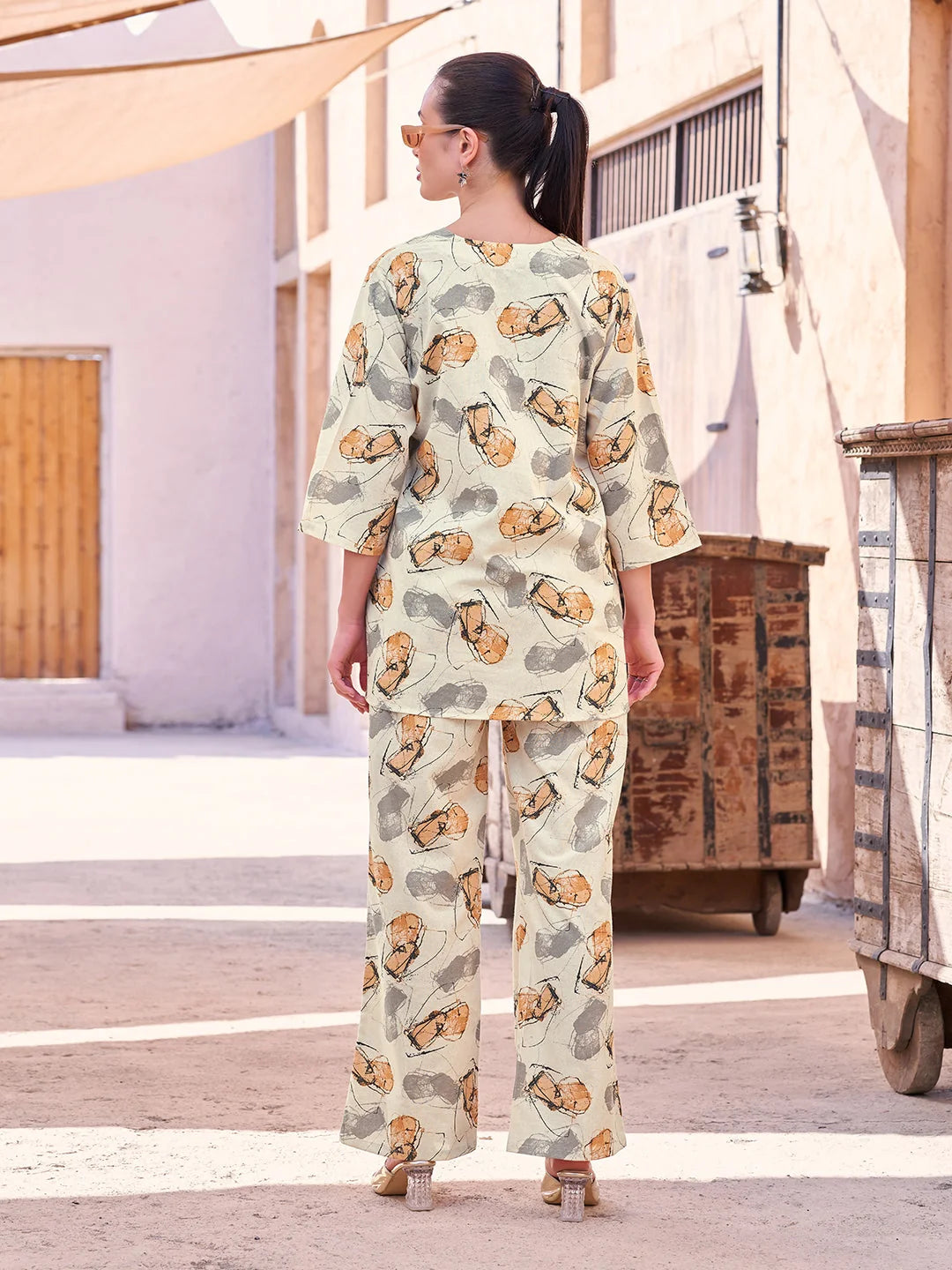 cotton co ord set in Mustard back view