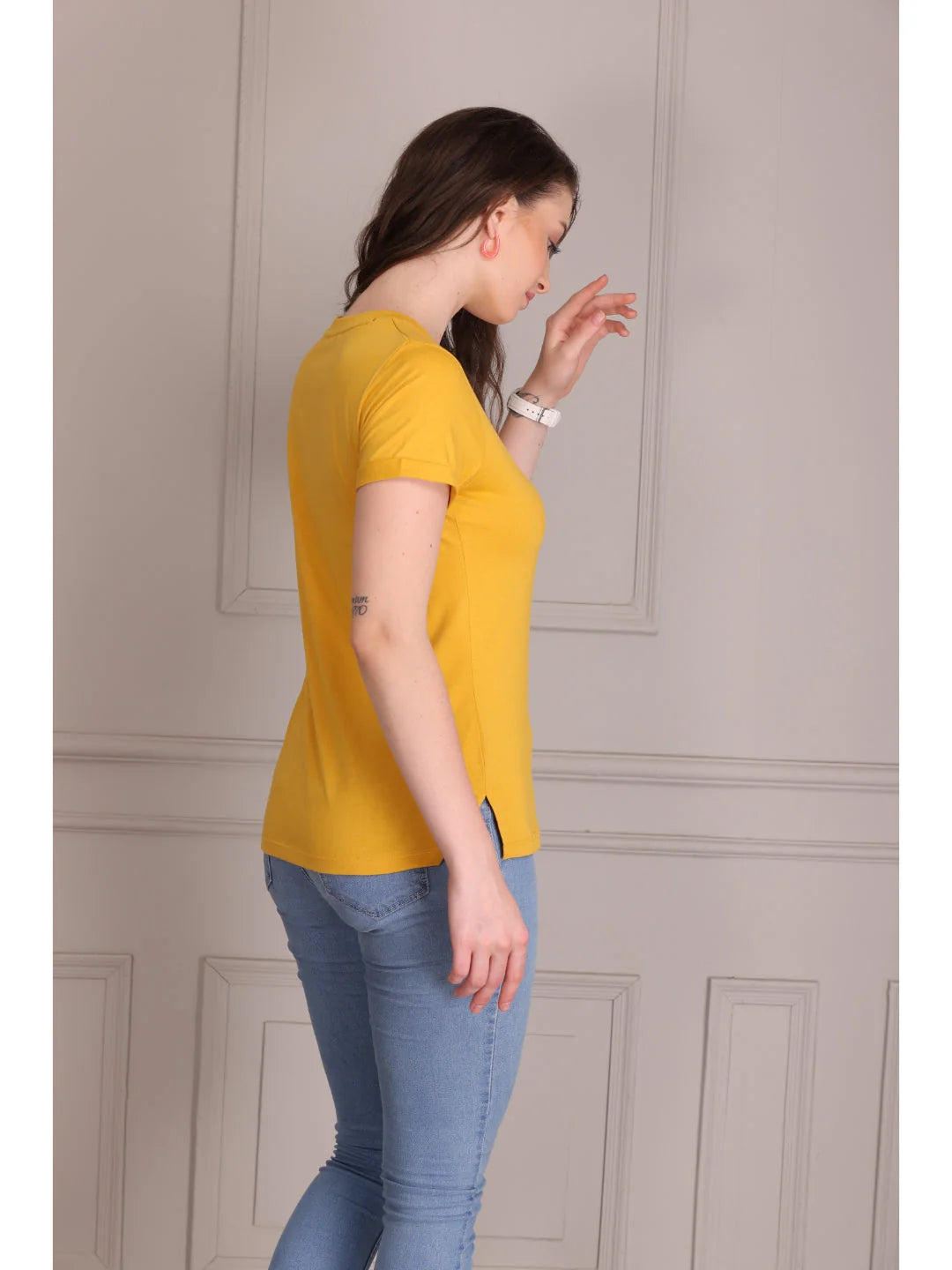 Mustard plain t shirts for women Side view
