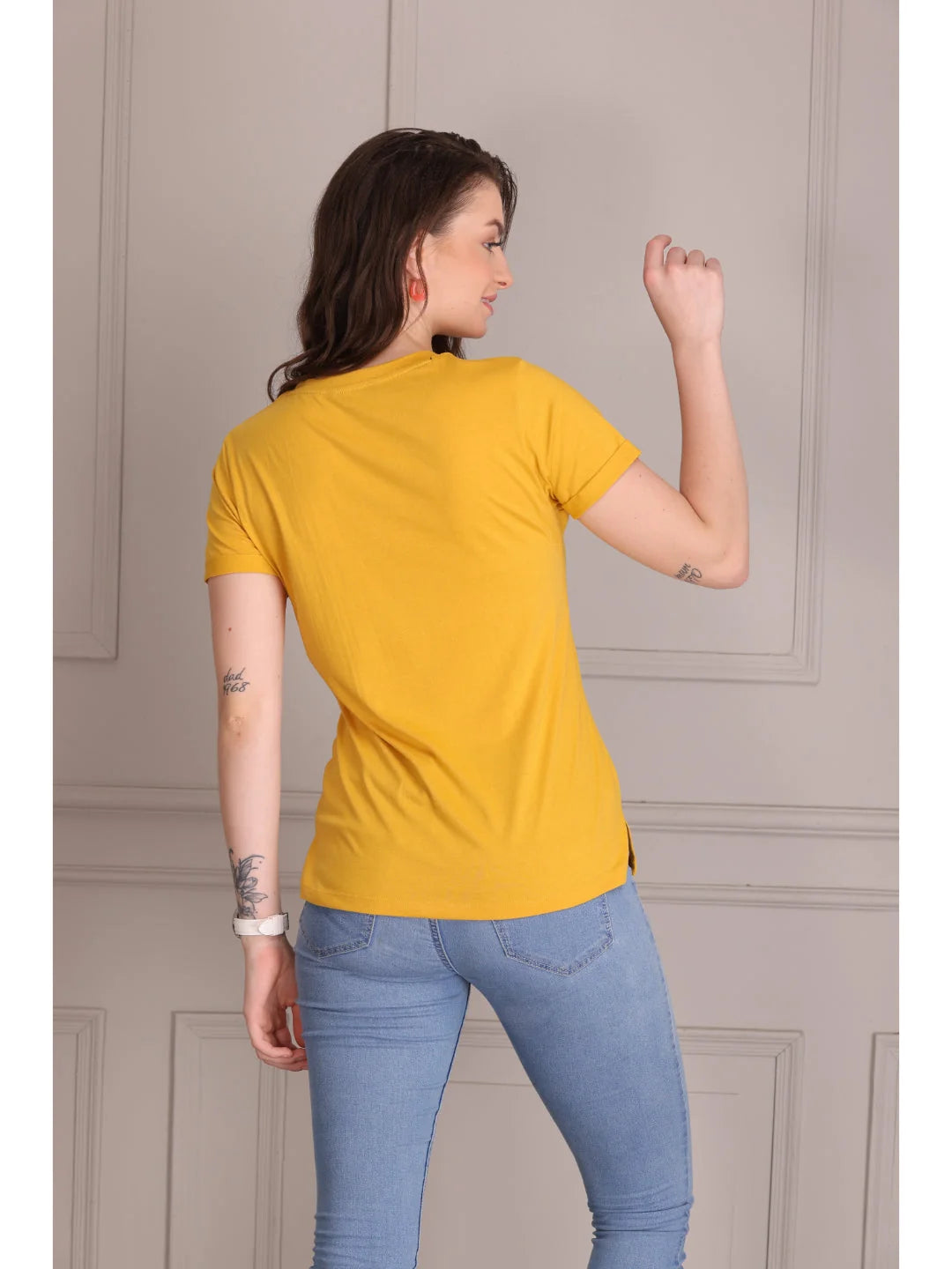 Mustard plain t shirts for women Tittli back view