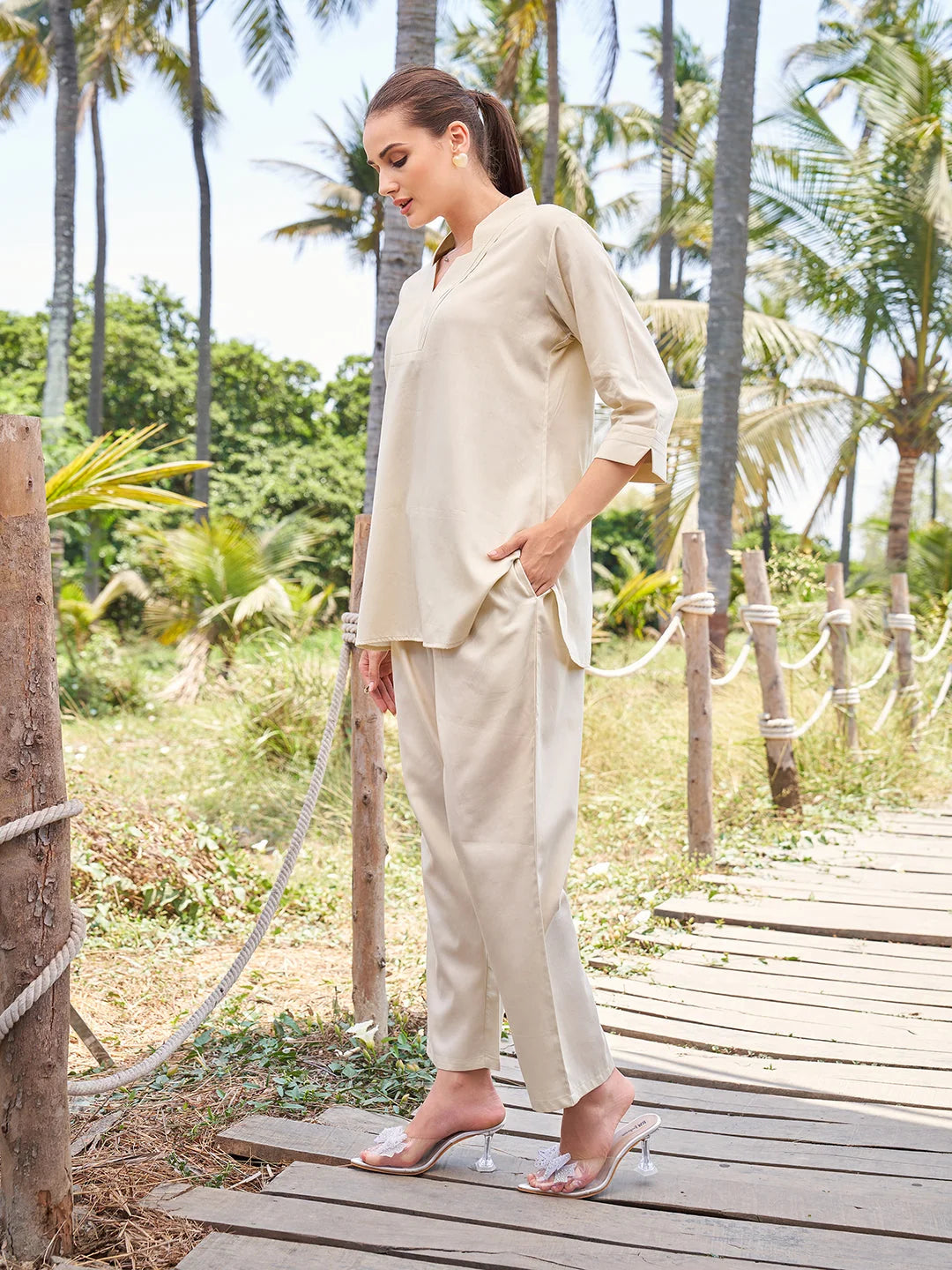 plain cotton co ord set in Cream online Tittli