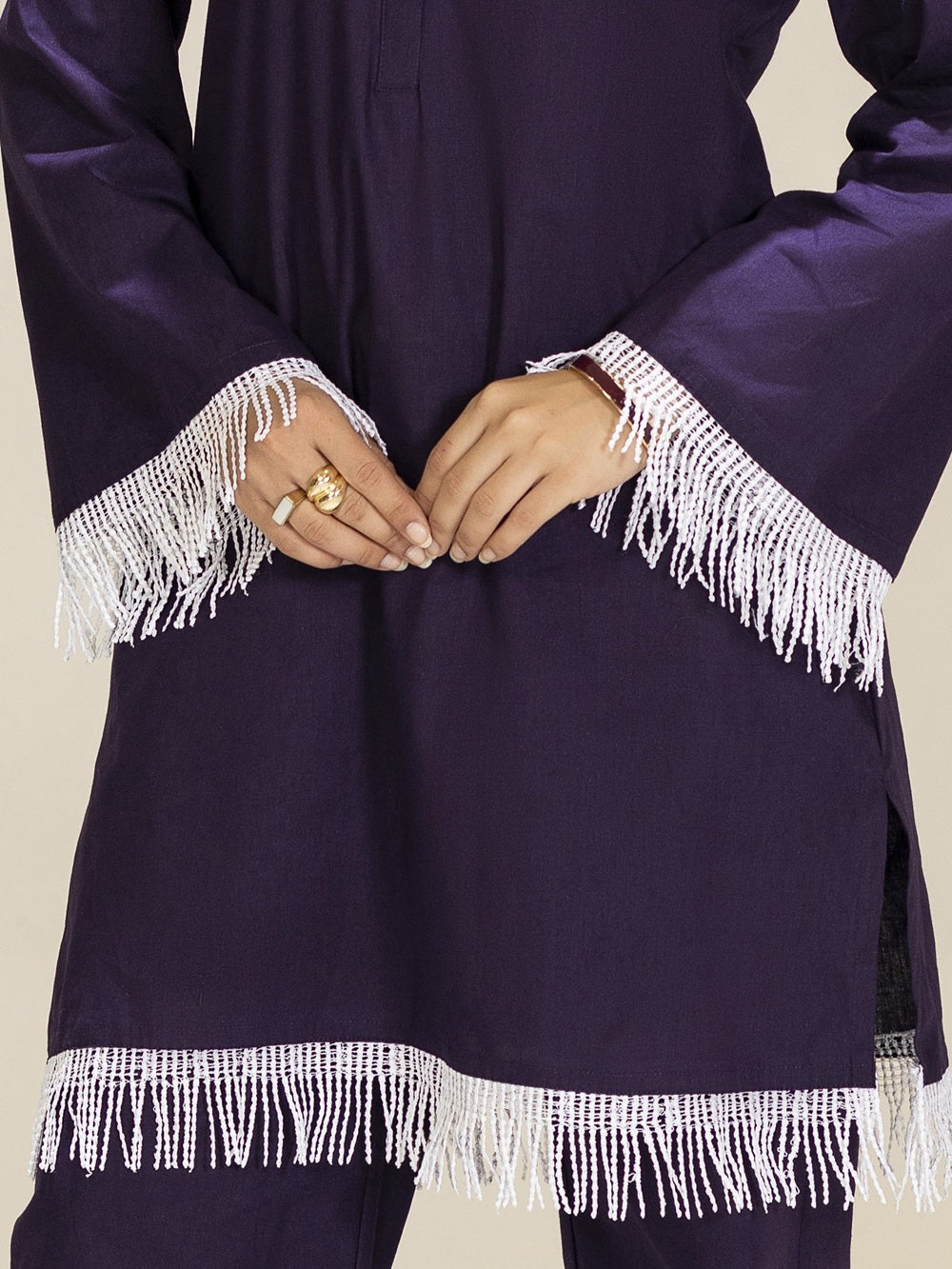 TITTLI Violet Colour Pure Cotton Mandarin Collared V-Neck Lace Detailing Tunic & Trouser Co-Ord Set