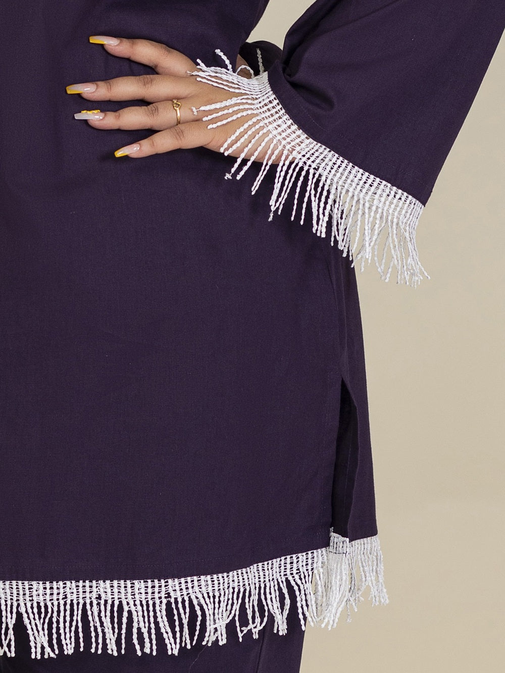 TITTLI Plus Size Violet Colour Pure Cotton Mandarin Collared V-Neck Lace Detailing Tunic & Trouser Co-Ord Set