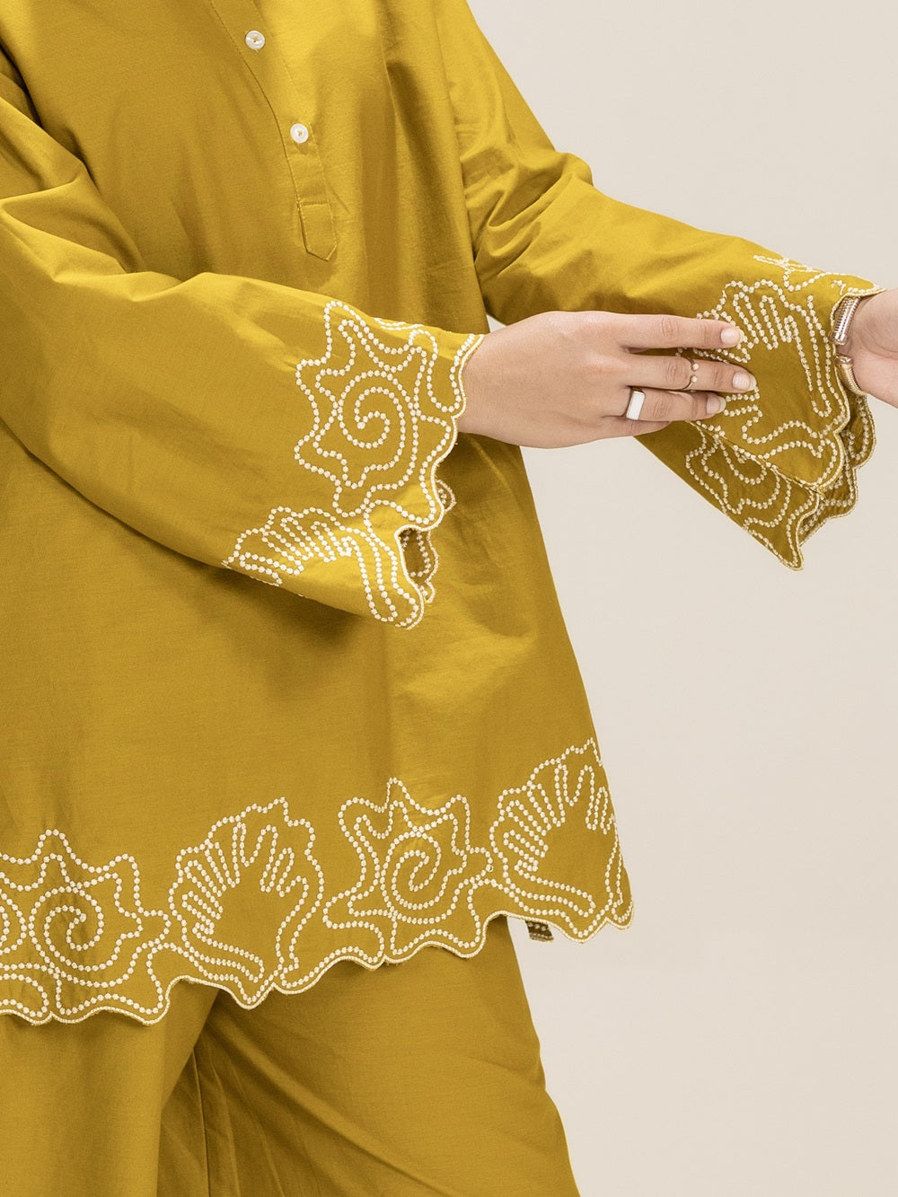 TITTLI Mustard Colour Embroidered Tunic & Trouser Co-Ord Set For Women