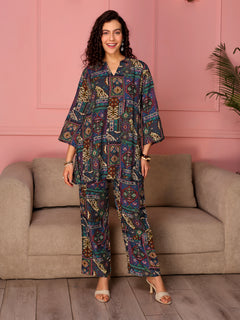 TITTLI Women All Over Printed Tunic and Trouser Co Ord Set ( Dark Blue)