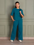 TITTLI Women Pure Cotton Solid T-Shirt And Trouser Co-Ord Set (Airforce)