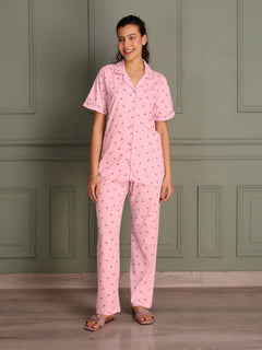 TITTLI Women Pure Cotton Printed Shirt and Pyjama Nightsuit (Pink)