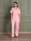 TITTLI Women Pure Cotton Printed Shirt and Pyjama Nightsuit (Pink)