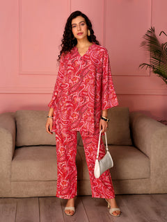 TITTLI Women All Over Printed Tunic and Trouser Co Ord Set (Red)