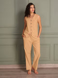 TITTLI Women Cotton Flex V-neck Waistcoat and Trouser Co Ord Set (Cream)