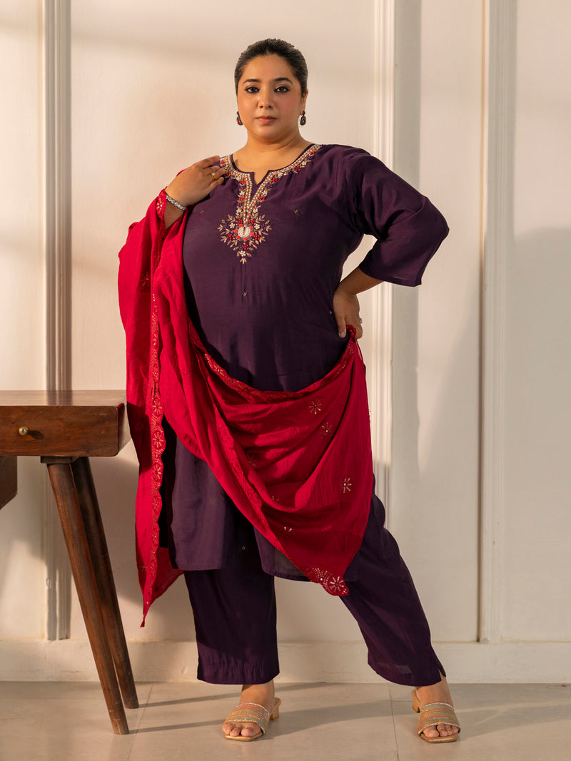 TITTLI Plus Size Women Handwork Embroidered Round Neck with V Drape Roman Silk Kurta Set with Cut-Work Dupatta (Wine)