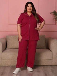 TITTLI Women Pure Cotton Shirt and Pyjama Nightsuit (Dark Rani)