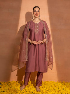 TITTLI Women Handwork Embroidered Round Neck Roman Silk Kurta Set with Cut-Work Dupatta (Gajjar)