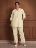 TITTLI Women Cotton Silk V-Neck Tunic & Trousers Co-Ord Set (Cream)