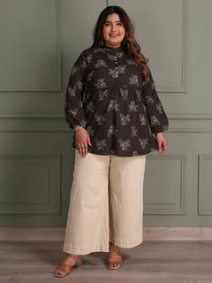 TITTLI Women Plus Size All-Over Printed Puff Sleeves Mandarin Collar Pure Cotton Frailed Kurti (Coffee)
