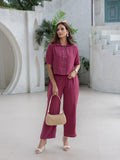 Rayon Wrinkle Fabric Crop Shirt And Trouser Co-Ord Set (C. Red)