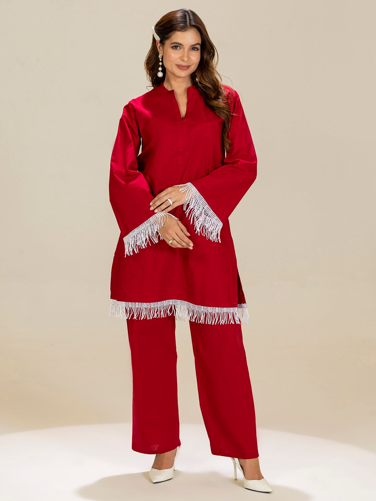 TITTLI Pure Cotton Mandarin Collared V-Neck Lace Detailing Tunic & Trouser Co-Ord Set