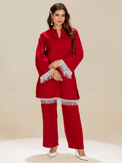 TITTLI Pure Cotton Mandarin Collared V-Neck Lace Detailing Tunic & Trouser Co-Ord Set