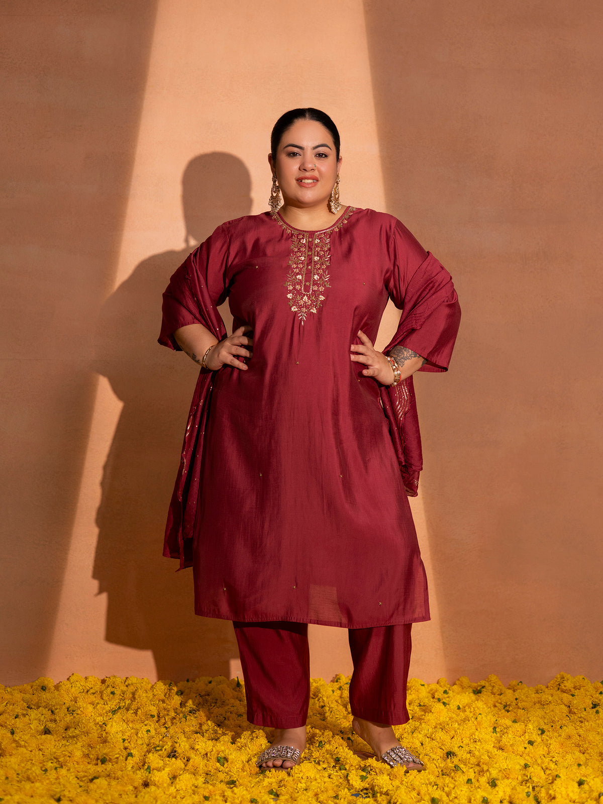 TITTLI Women Handwork Embroidered U-Neck Roman Silk Kurta Set with Rayon Sequin Work Dupatta(Red)