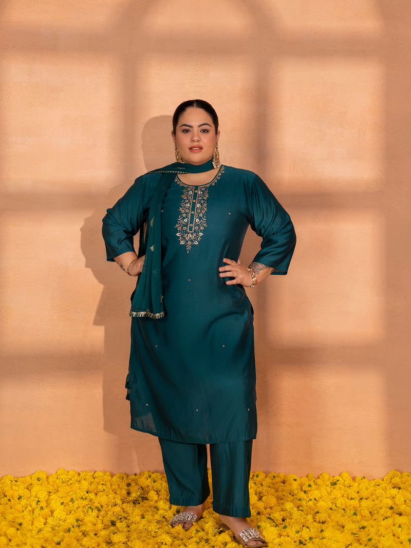 TITTLI Plus Size Women Handwork Embroidered U-Neck Roman Silk Kurta Set with Dupatta(Rama)
