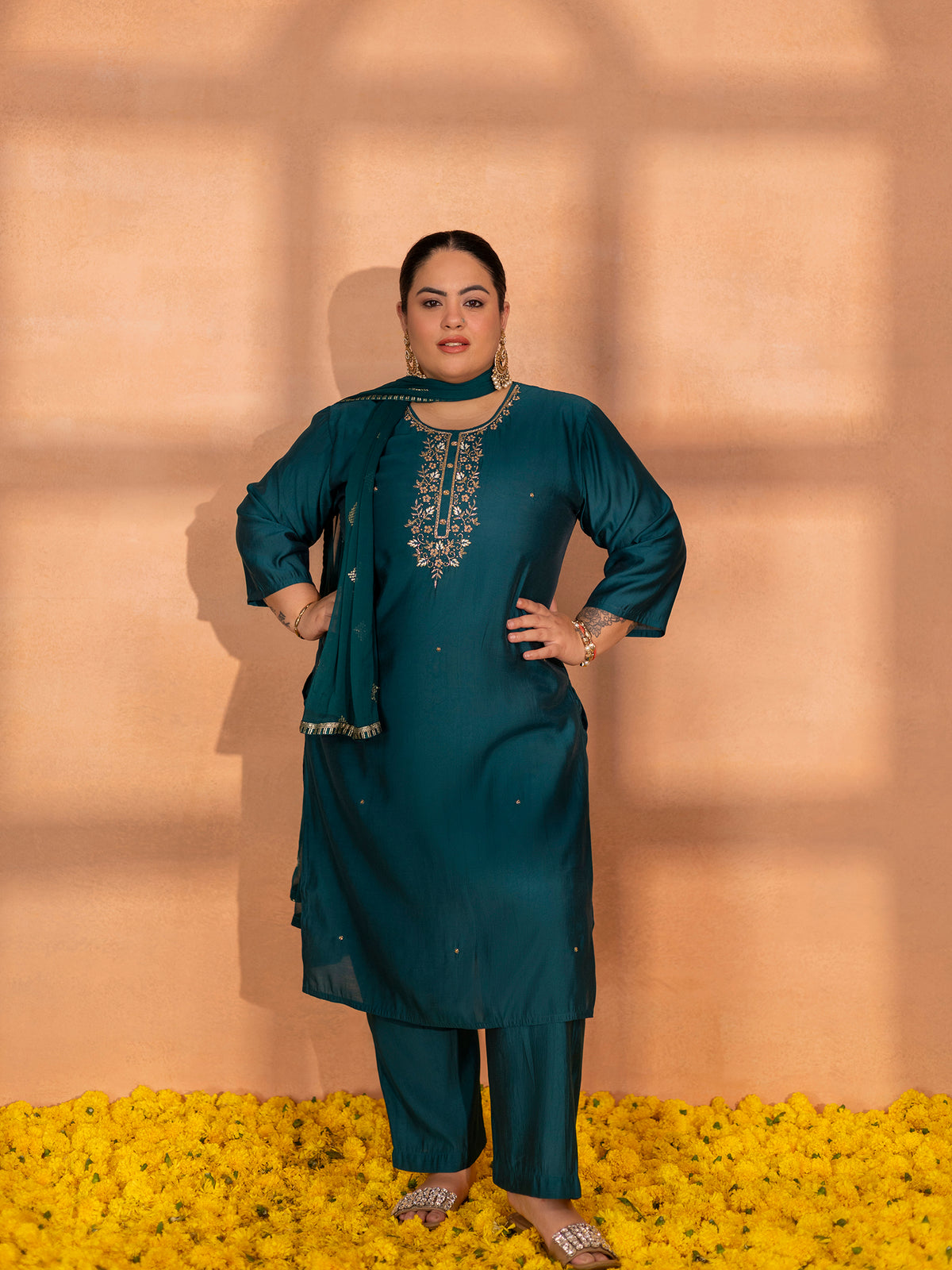 TITTLI Plus Size Women Handwork Embroidered U-Neck Roman Silk Kurta Set with Dupatta(Rama)