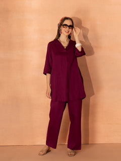 TITTLI Women Cotton Silk V-Neck Tunic & Trousers Co-Ord Set (Wine)