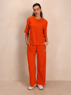 TITTLI Women Pure Cotton Solid T-Shirt And Trouser Co-Ord Set (Orange)