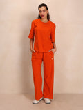 TITTLI Women Pure Cotton Solid T-Shirt And Trouser Co-Ord Set (Orange)
