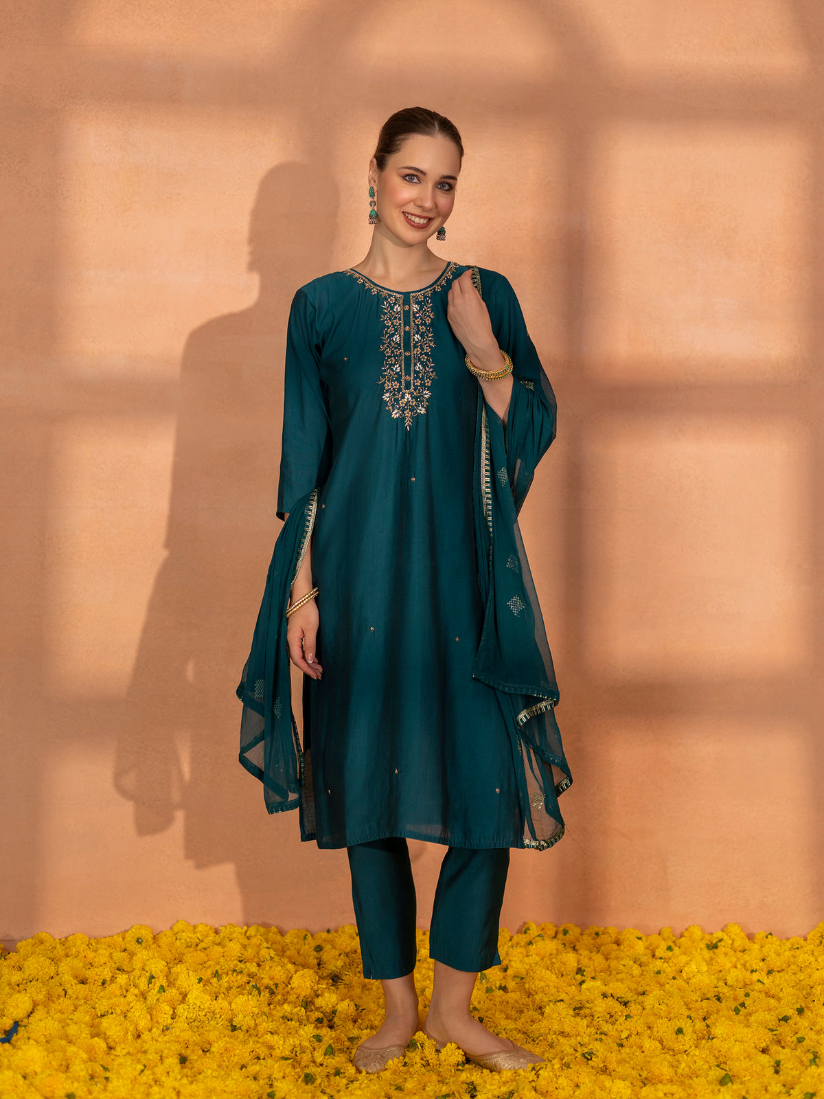 TITTLI Women Handwork Embroidered U-Neck Roman Silk Kurta Set with Dupatta(Rama)
