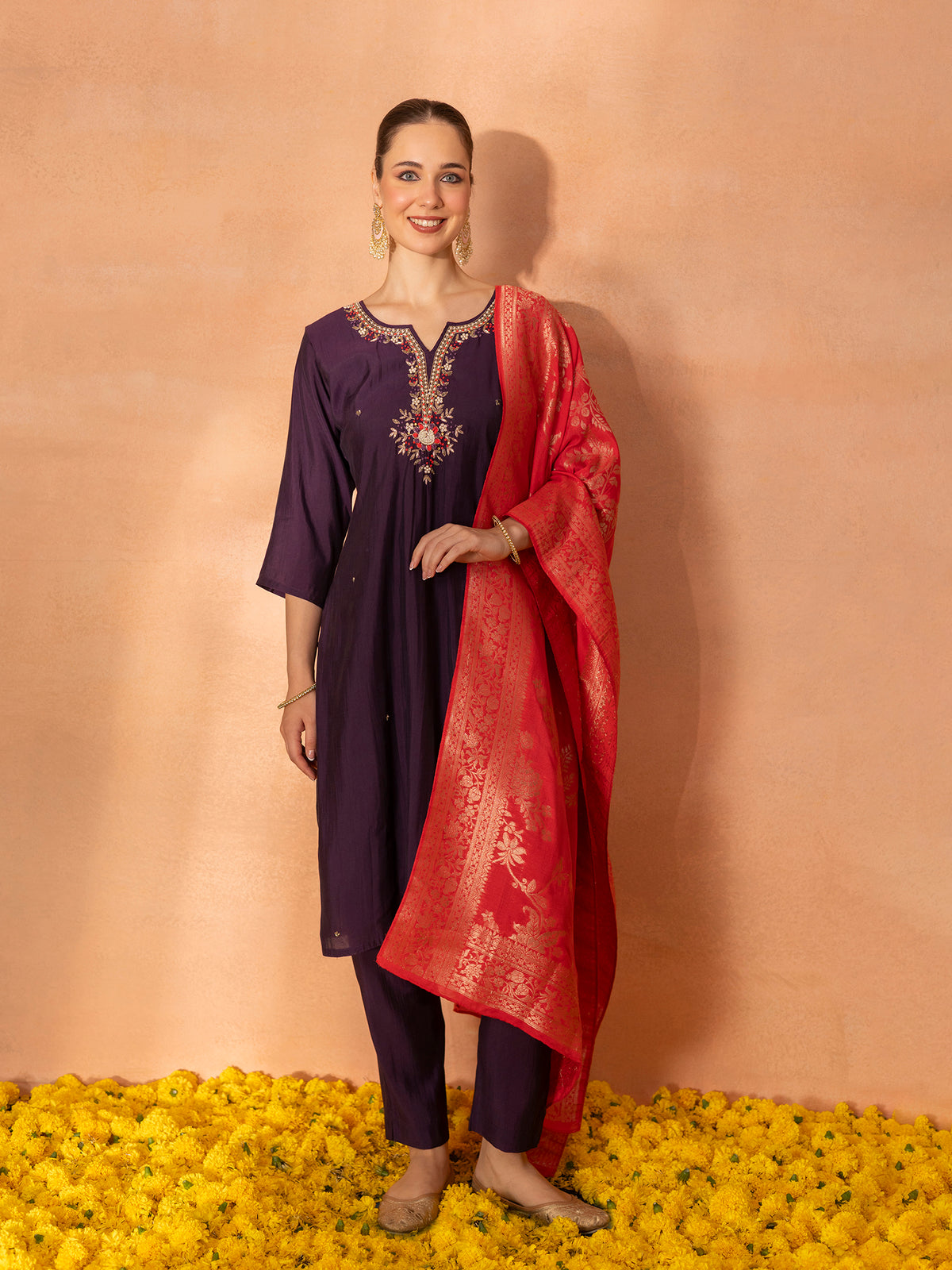 TITTLI Women Handwork Embroidered Round Neck with V Drape Roman Silk Kurta Set with Cut-Work Dupatta (Wine)