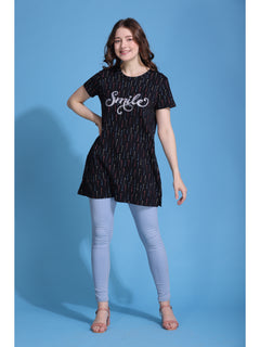 Printed Long T-Shirt For Women (Black)