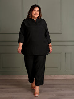 TITTLI Women Rayon Tunic And Trouser Plus Size Co-Ord Set (Black)