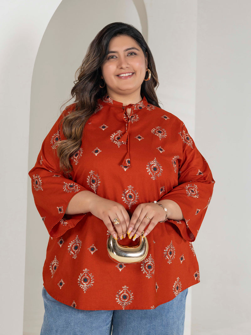 TITTLI Women Plus Size Ethnic Motif Printed Short Kurti with Mandarin Collar Keyhole Tie-Up & Three Quarter Sleeves(Orange)