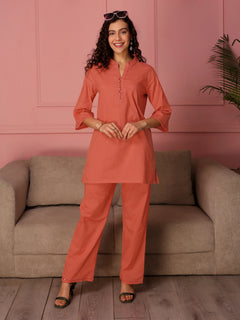 TITTLI Women Pure Cotton Solid  Tunic and Trouser Co-Ord Set (Peach)