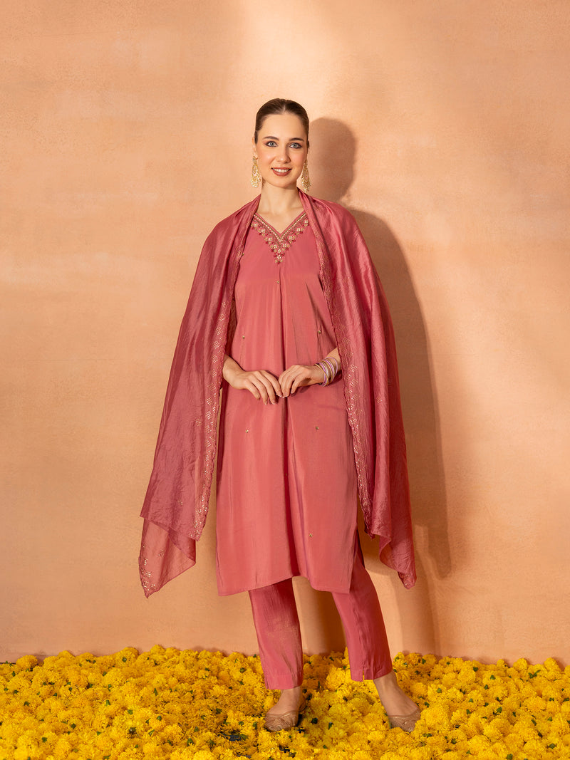 TITTLI Women Handwork Embroidered V-Neck Roman Shimmer Silk Kurta Set with Rayon Dupatta(Pink)