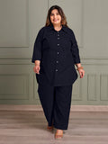 TITTLI Women's Plus Size Collared Three-Quarter Sleeves Tunic Shirt And Trouser Co-Ord Set (Navy Blue)