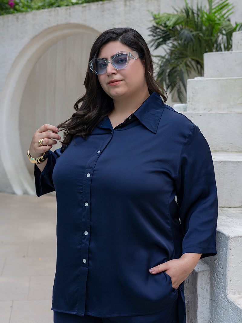 Navy Blue Color Up-Down Shirt & Trouser Plus Size Co-Ord Set for Women
